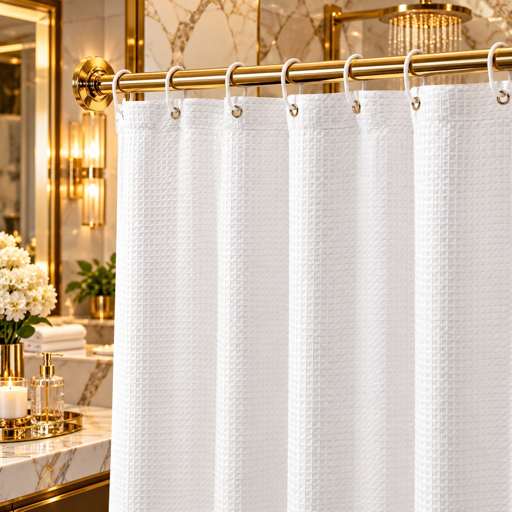 White Fabric Shower Curtain, 240 GSM Weighted Waffle Shower Curtains, Polyester Curtain With Rust-Resistant Hooks, Machine Washable & Water Repellent, For Bathroom Showers, Bath Tubs, 72x72 In