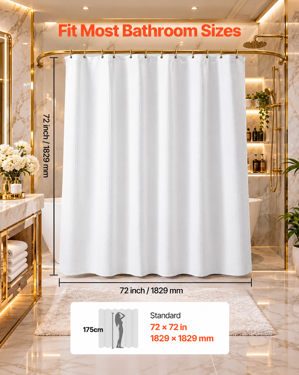 White Fabric Shower Curtain, 240 GSM Weighted Waffle Shower Curtains, Polyester Curtain With Rust-Resistant Hooks, Machine Washable & Water Repellent, For Bathroom Showers, Bath Tubs, 72x72 In