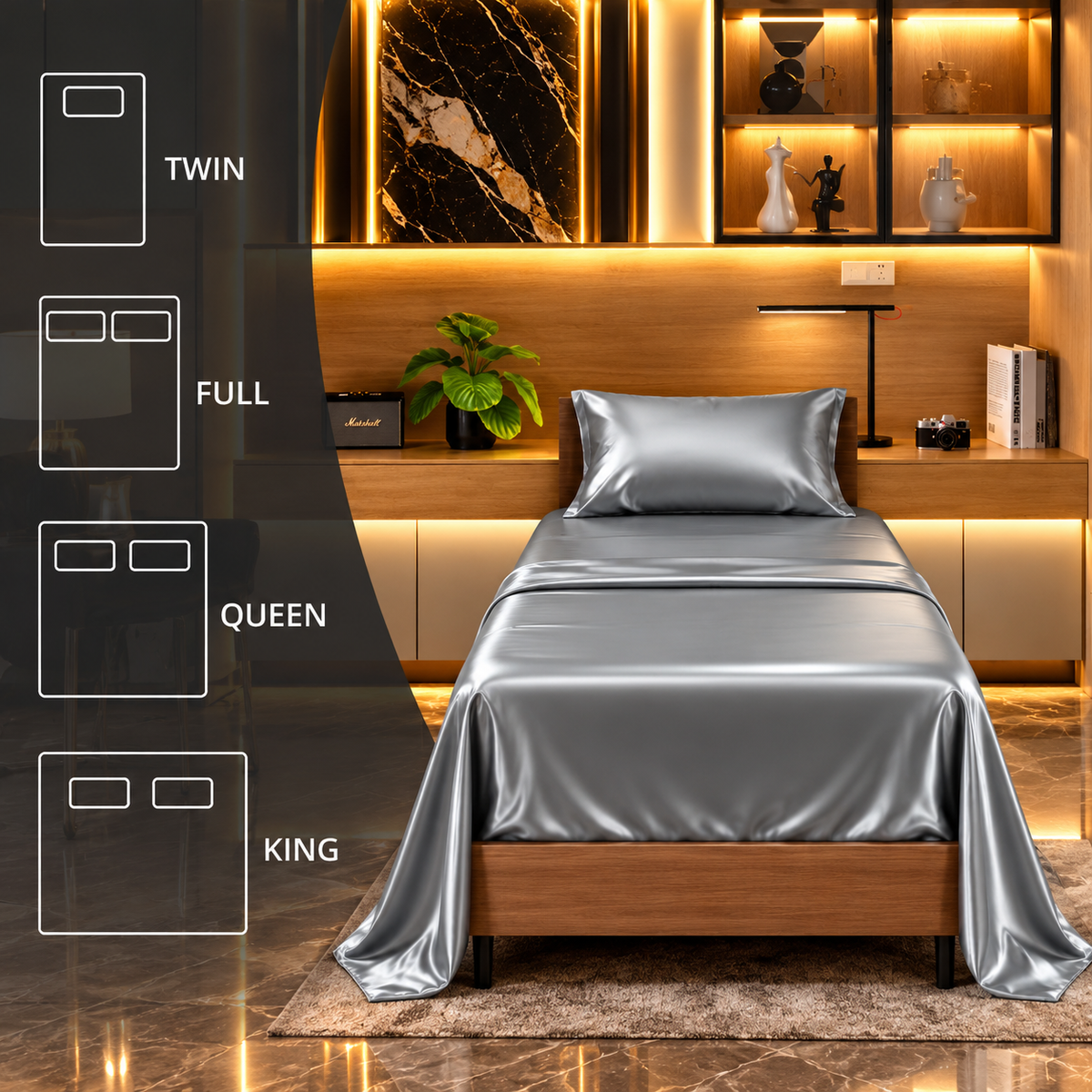 Satin Bed Sheets, Twin Size Sheets Set, 3 Pcs Silky Bedding Set With 15 Inches Deep Pocket For Mattress -Twin, Grey