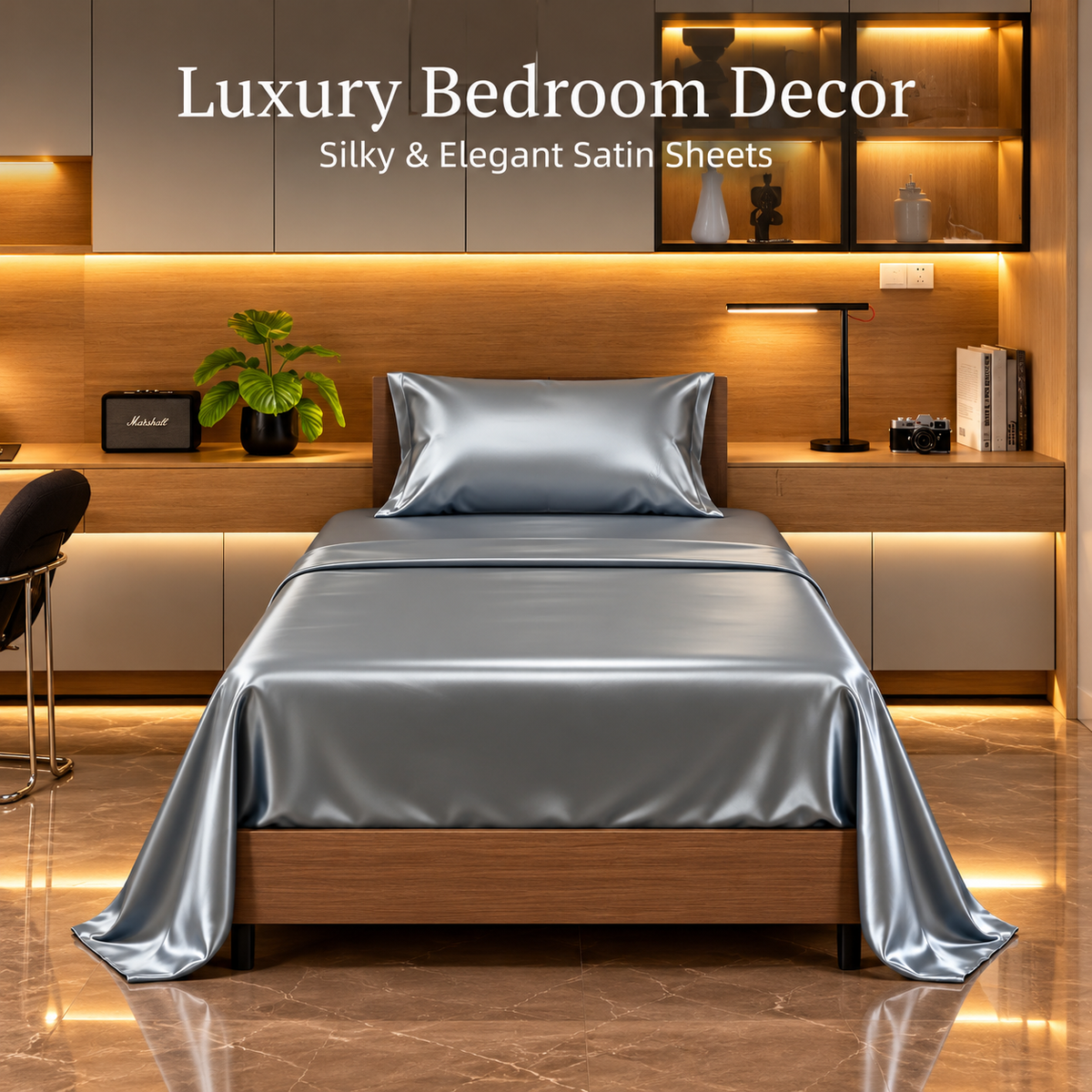 Satin Bed Sheets, Twin Size Sheets Set, 3 Pcs Silky Bedding Set With 15 Inches Deep Pocket For Mattress -Twin, Grey