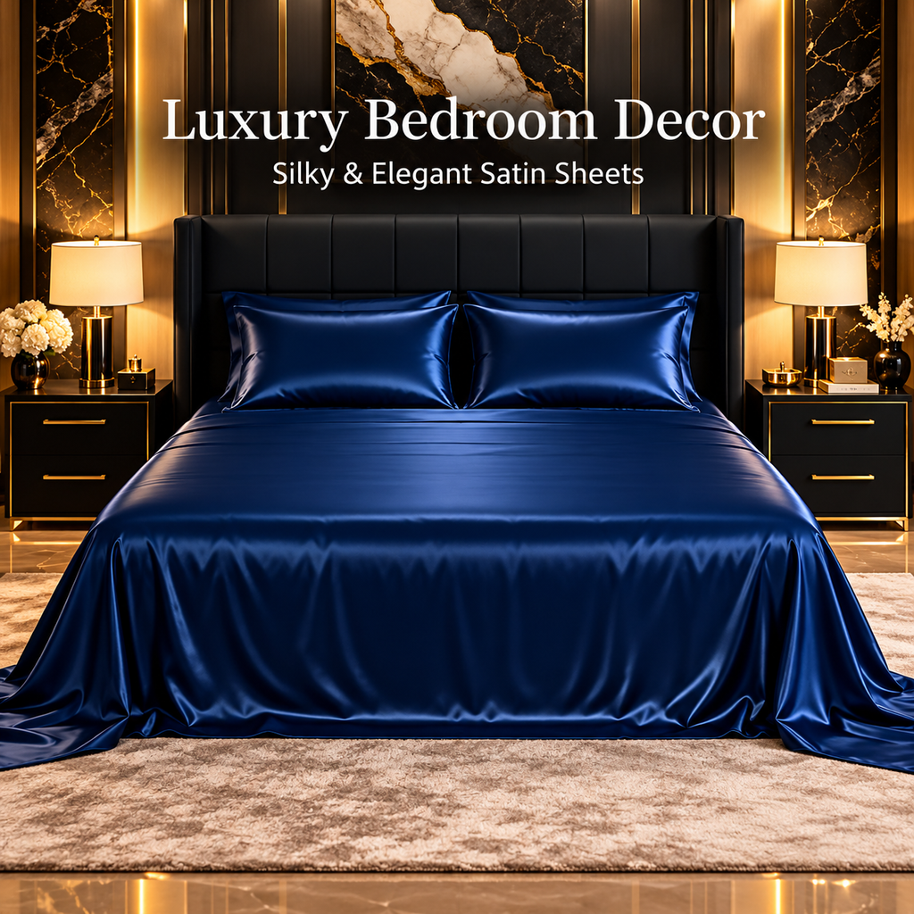 Satin Bed Sheets, King Size Sheets Set, 4 Pcs Silky Bedding Set With 15 Inches Deep Pocket For Mattress King, Navy Blue
