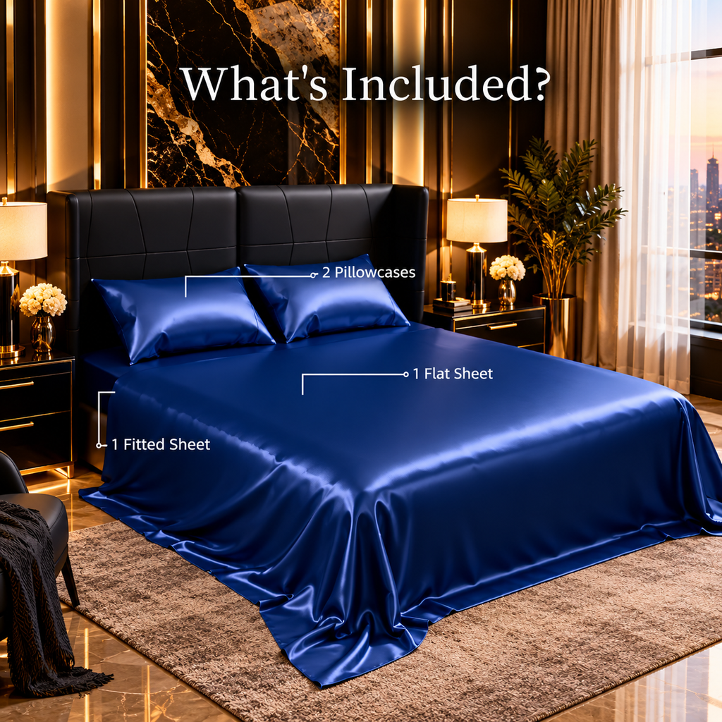 Satin Bed Sheets, King Size Sheets Set, 4 Pcs Silky Bedding Set With 15 Inches Deep Pocket For Mattress King, Navy Blue