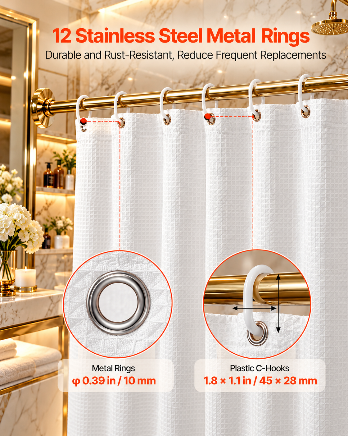 White Fabric Shower Curtain, 240 GSM Weighted Waffle Shower Curtains, Polyester Curtain With Rust-Resistant Hooks, Machine Washable & Water Repellent, For Bathroom Showers, Bath Tubs, 72x72 In