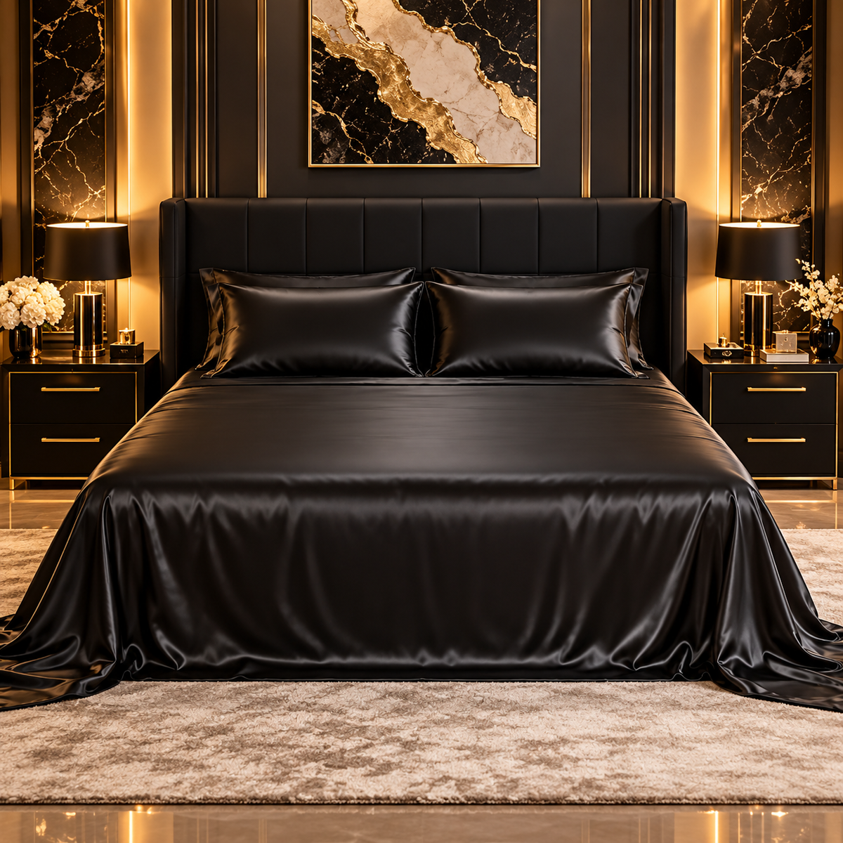 Satin Bed Sheets, Full Size Sheets Set, 4 Pcs Silky Bedding Set With 15 Inches Deep Pocket For Mattress -Full, Black